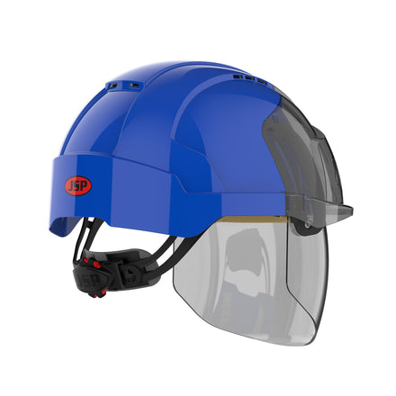 blue safety helmet with face shield right side picture