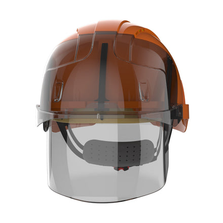 orange safety helmet with face shield front picture