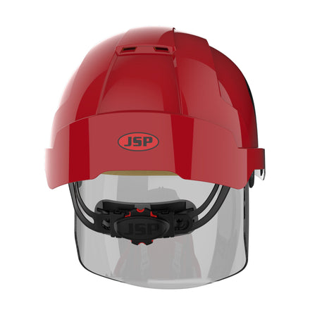 red safety helmet with face shield back picture
