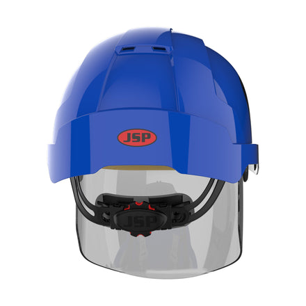 blue safety helmet with face shield back picture