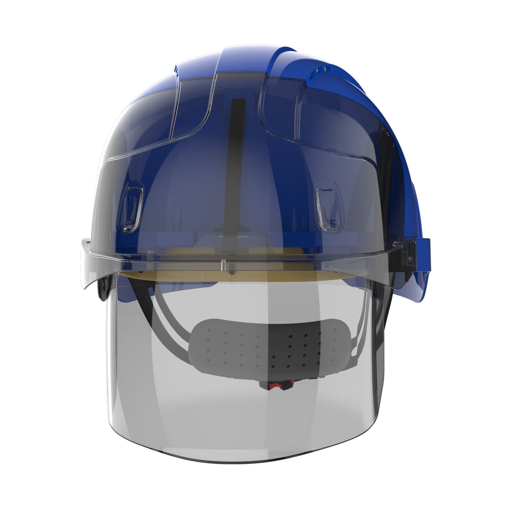 blue safety helmet with face shield front picture