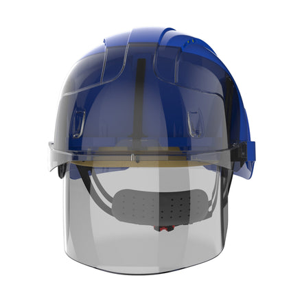 blue safety helmet with face shield front picture