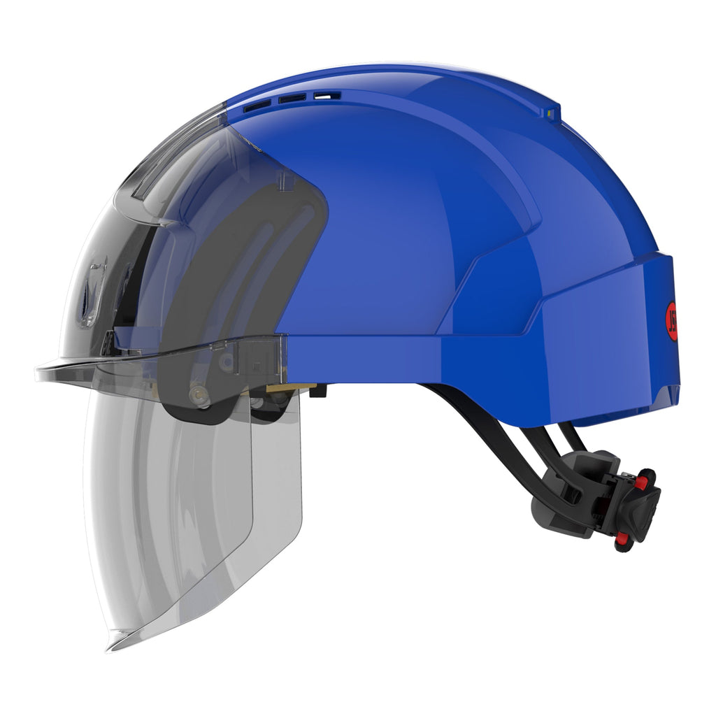 blue safety helmet with face shield left side picture