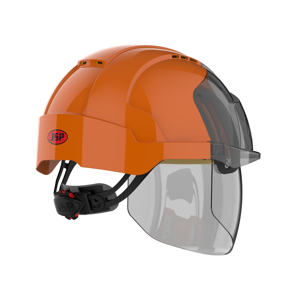 orange safety helmet with face shield right side picture
