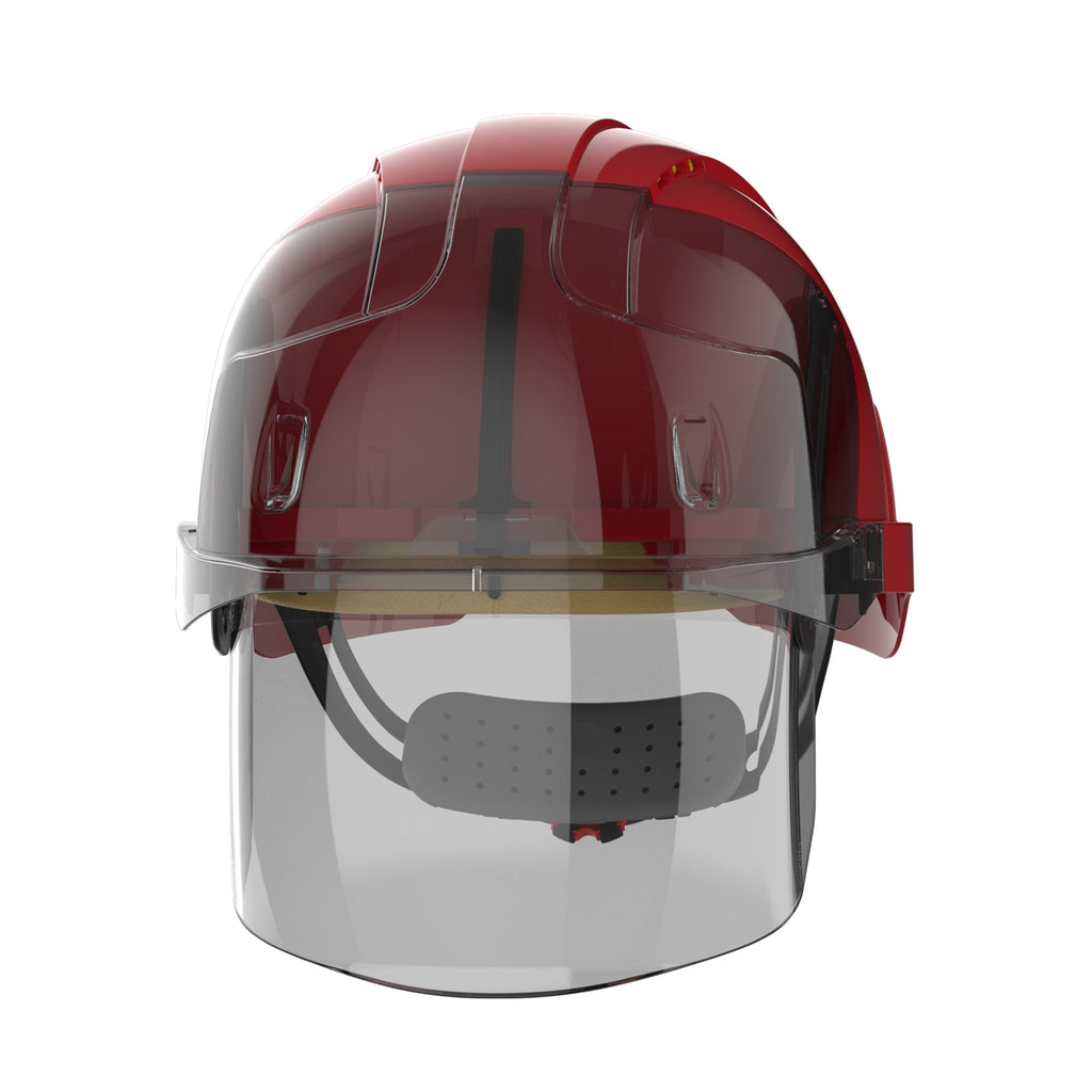 red safety helmet with face shield front picture