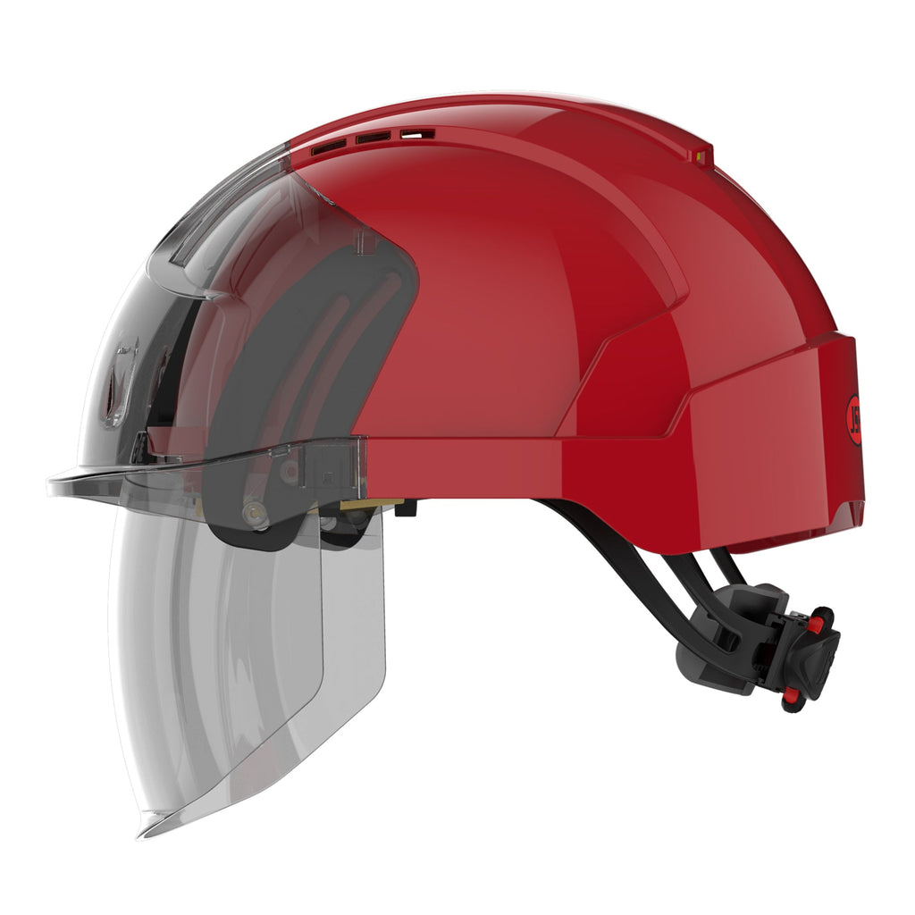 red safety helmet with face shield left side picture