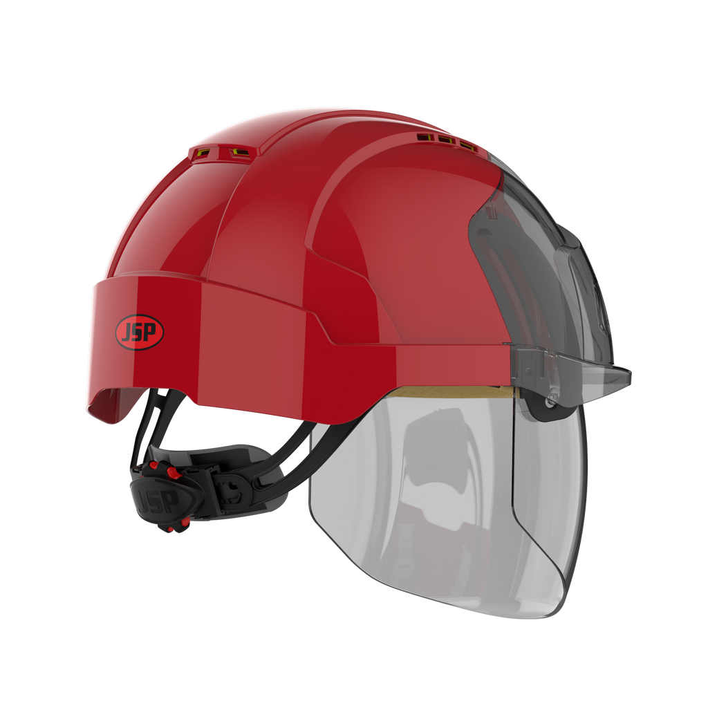 red safety helmet with face shield right side picture