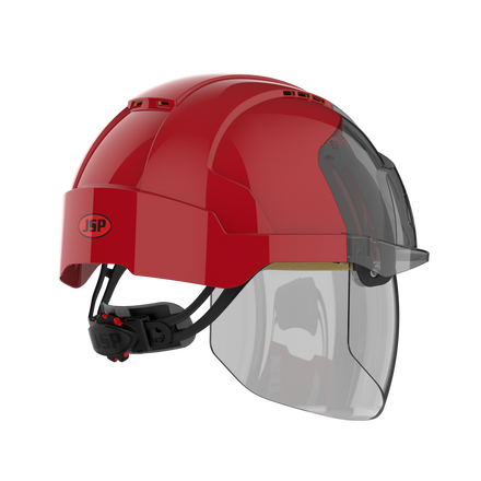 red safety helmet with face shield right side picture