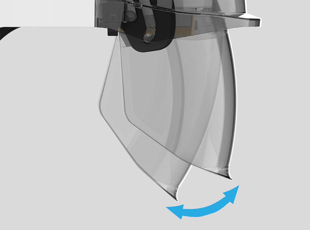 safety helmet face shield with blue arrow depicting it moving back and forth