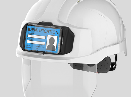 blue ID badge on white safety helmet with face shield