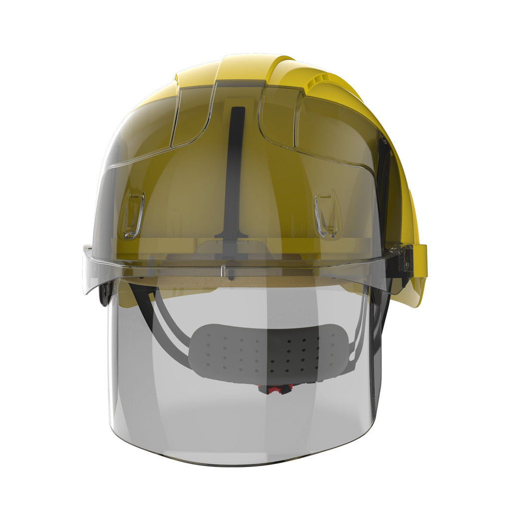 yellow safety helmet with face shield front picture