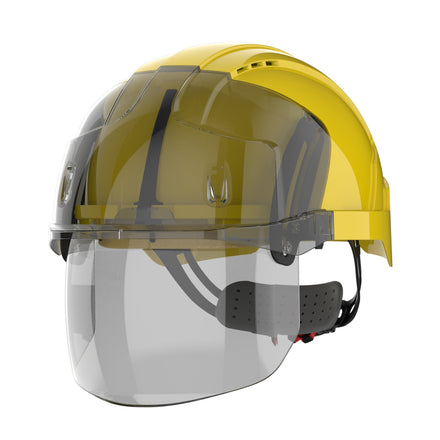 yellow safety helmet with face shield left front side picture