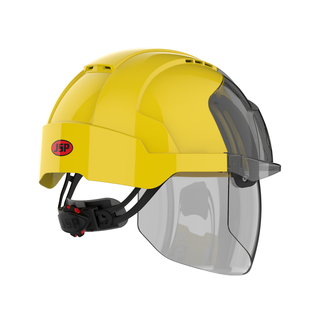yellow safety helmet with face shield right side picture